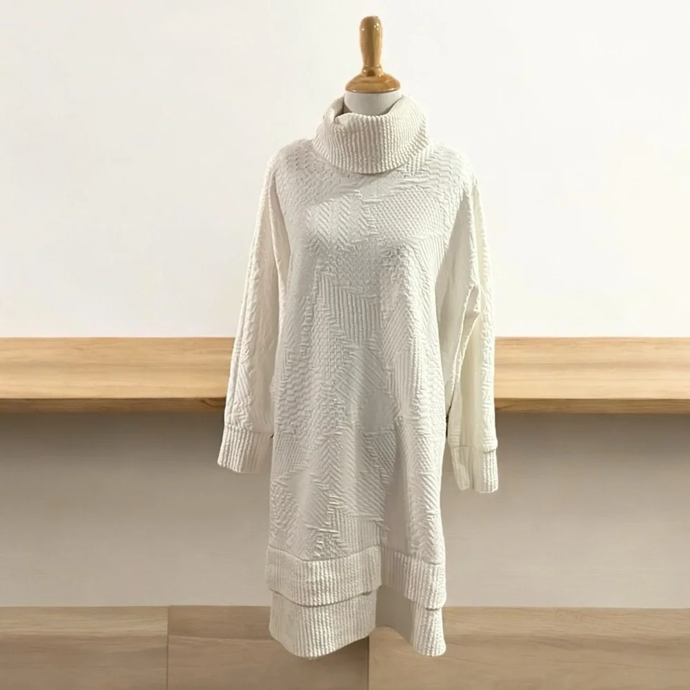VINTAGE STUART ALAN PETITES COWL NECK MIXED TEXTURED PATTERN DRESS WHITE SIZE 12